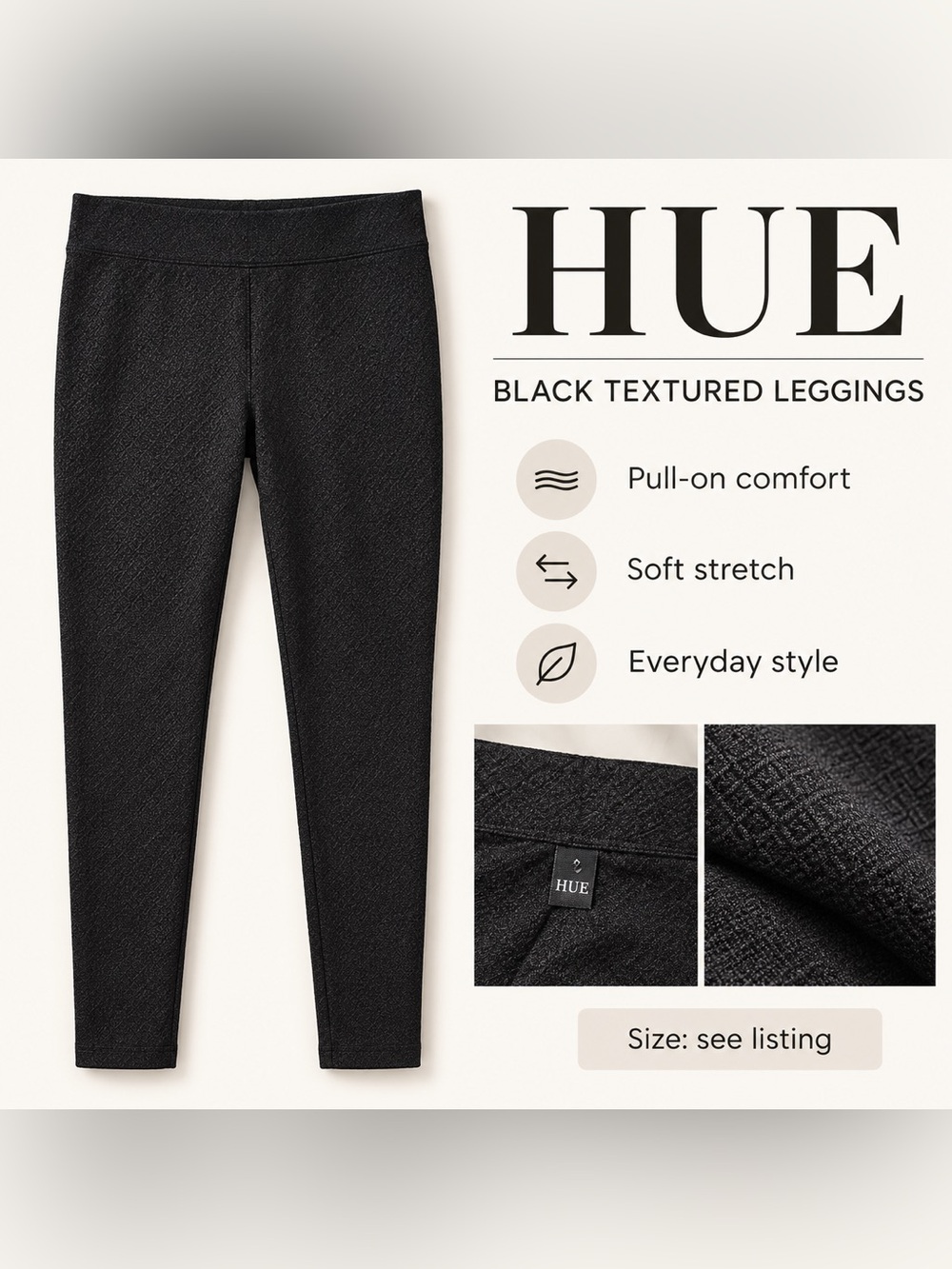 HUE Black Textured Pull-On legging size Large